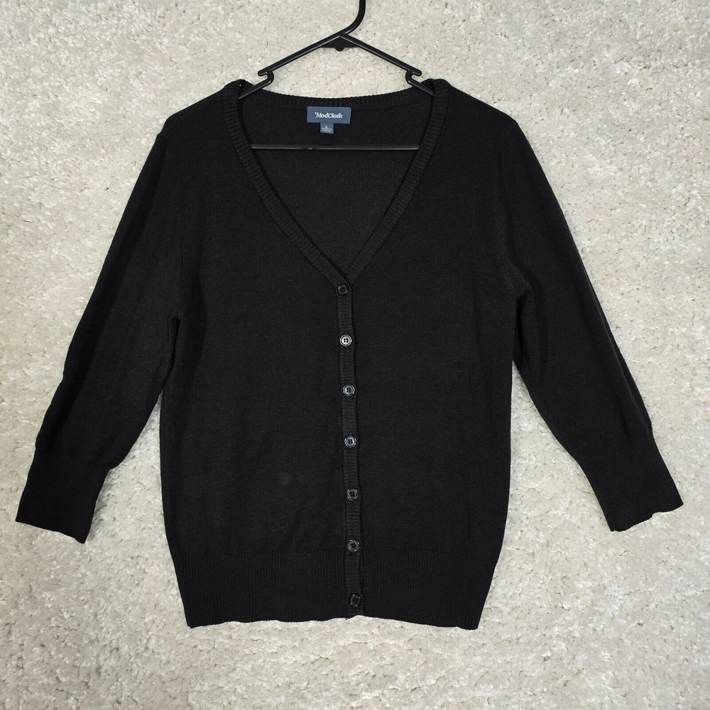 ModCloth‎ Cardigan Sweater Womens Large Black V-Neck Button Front Classic Preppy